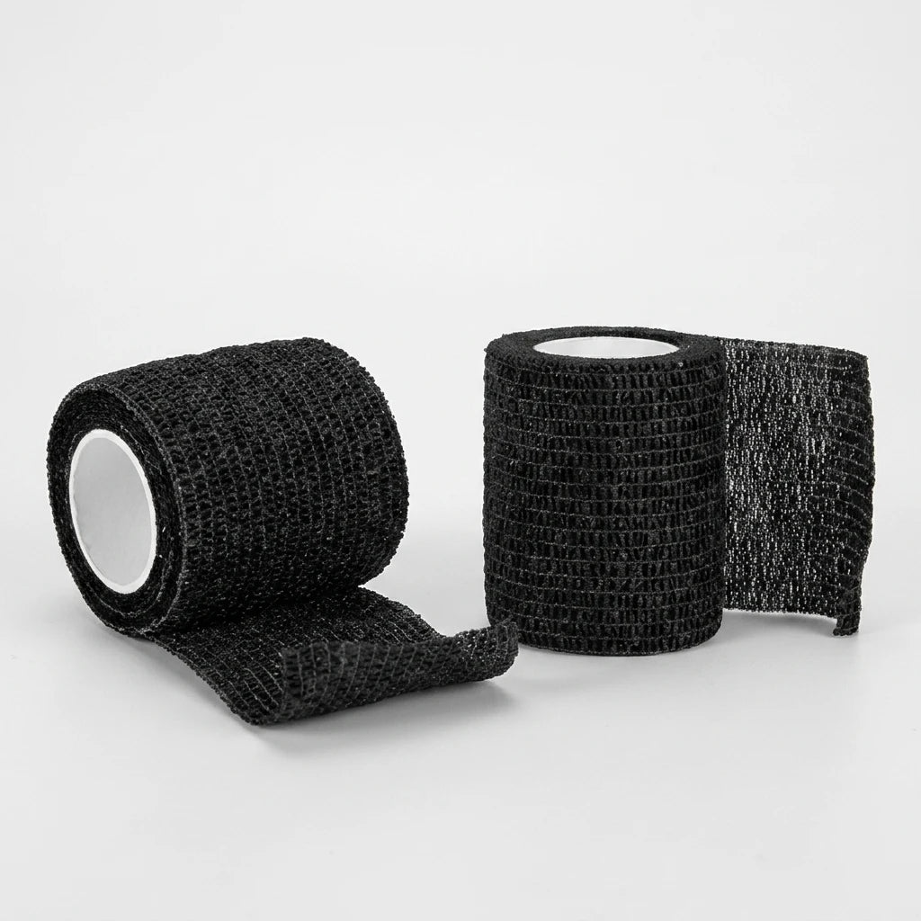 Två svarta rullar av PMU Pen Bandage Wrap "Svart", ett elastiskt, självhäftande greppband på vit bakgrund.