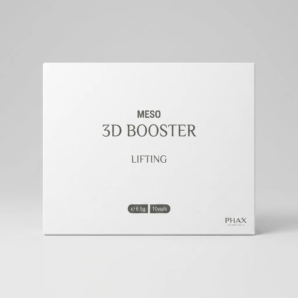 Vit stilren kartongförpackning för Physiolab MESO 3D Booster Lifting Ampull mot en minimalistisk ljusgrå bakgrund.