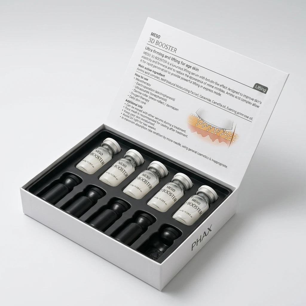 Physiolab MESO 3D Booster Lifting Ampull i öppnad vit förpackning med fem små glasflaskor med serum i en svart insats.