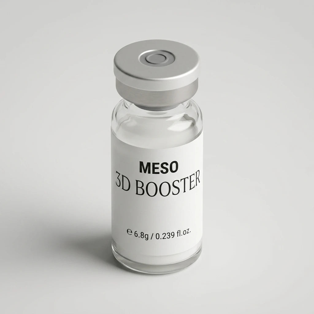 Physiolab MESO 3D Booster Lifting Ampull i glasflaska med silverlock och vit etikett mot ljusgrå bakgrund.