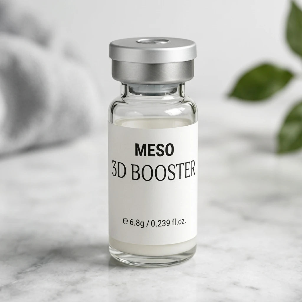 Physiolab MESO 3D Booster Lifting Ampull i glasflaska med silverlock på ljus marmorbakgrund.