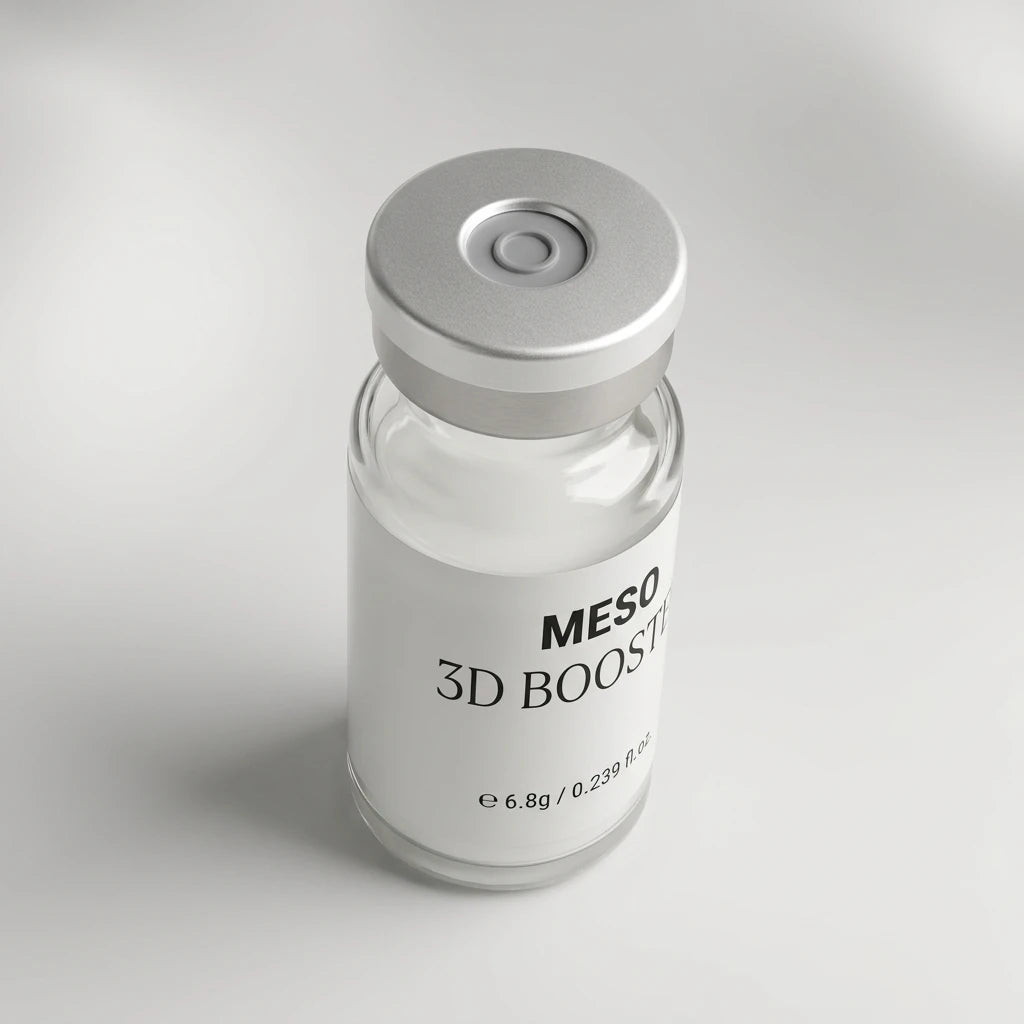 Physiolab MESO 3D Booster Lifting Ampull i liten glasflaska med vit vätska och silverlock på ljusgrå bakgrund.