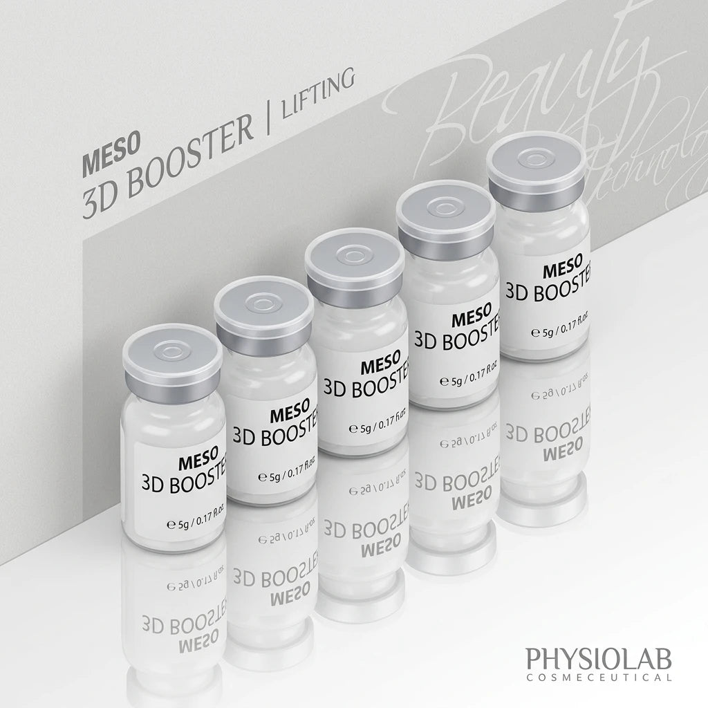 Fem vita ampuller av Physiolab MESO 3D Booster med silverlock, isometrisk vy mot vit yta.
