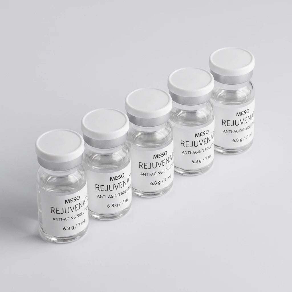 Fem Physiolab MESO Rejuvenate Anti-aging Ampuller i klarglas med vitt lock uppradade på en ljusgrå bakgrund.