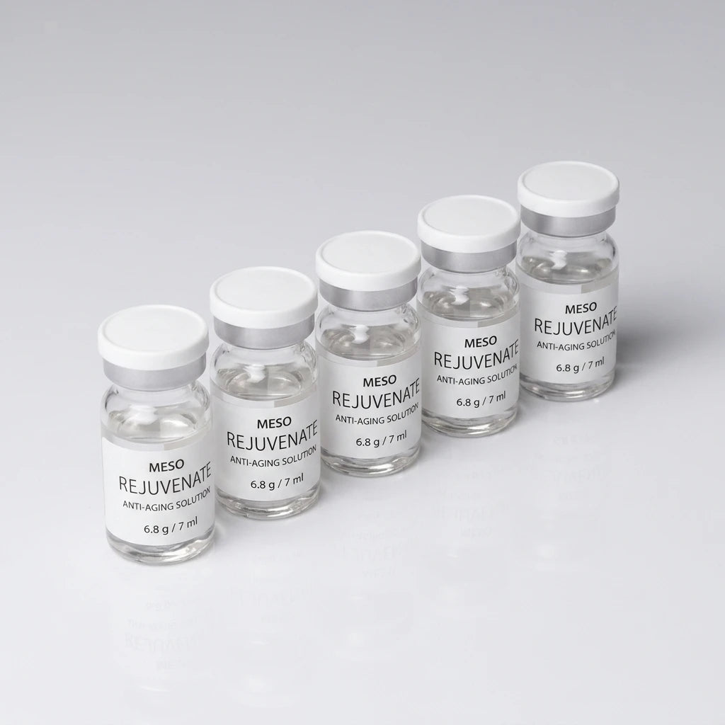 Fem glasflaskor av Physiolab MESO Rejuvenate Anti-aging Ampull med vit kork på rad mot en ljus, reflekterande bakgrund.