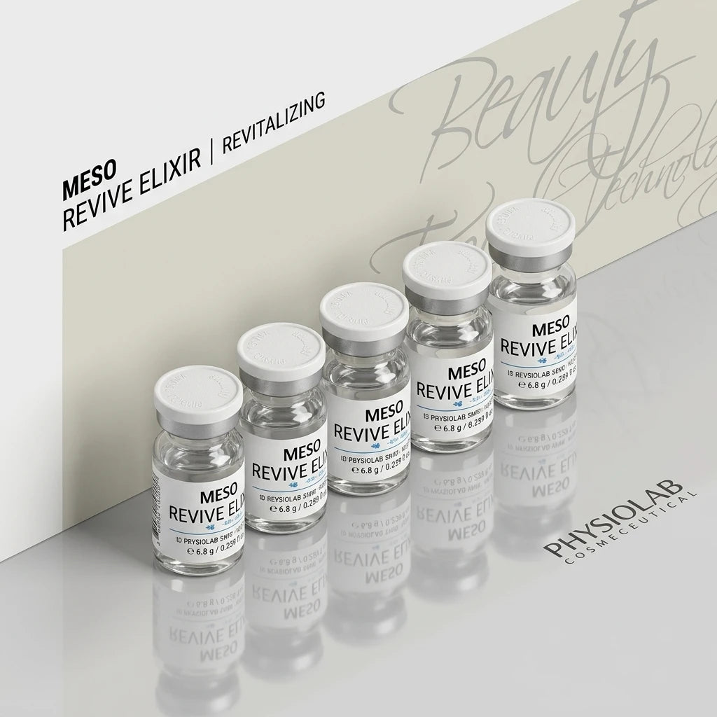 Fem glasampuller av Physiolab MESO Revive Elixir Ampull på rad på en ljus, reflekterande yta.