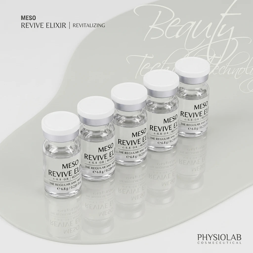 Fem klara glasampuller av Physiolab MESO Revive Elixir Ampull med vita lock på ljusgrå, reflekterande yta.