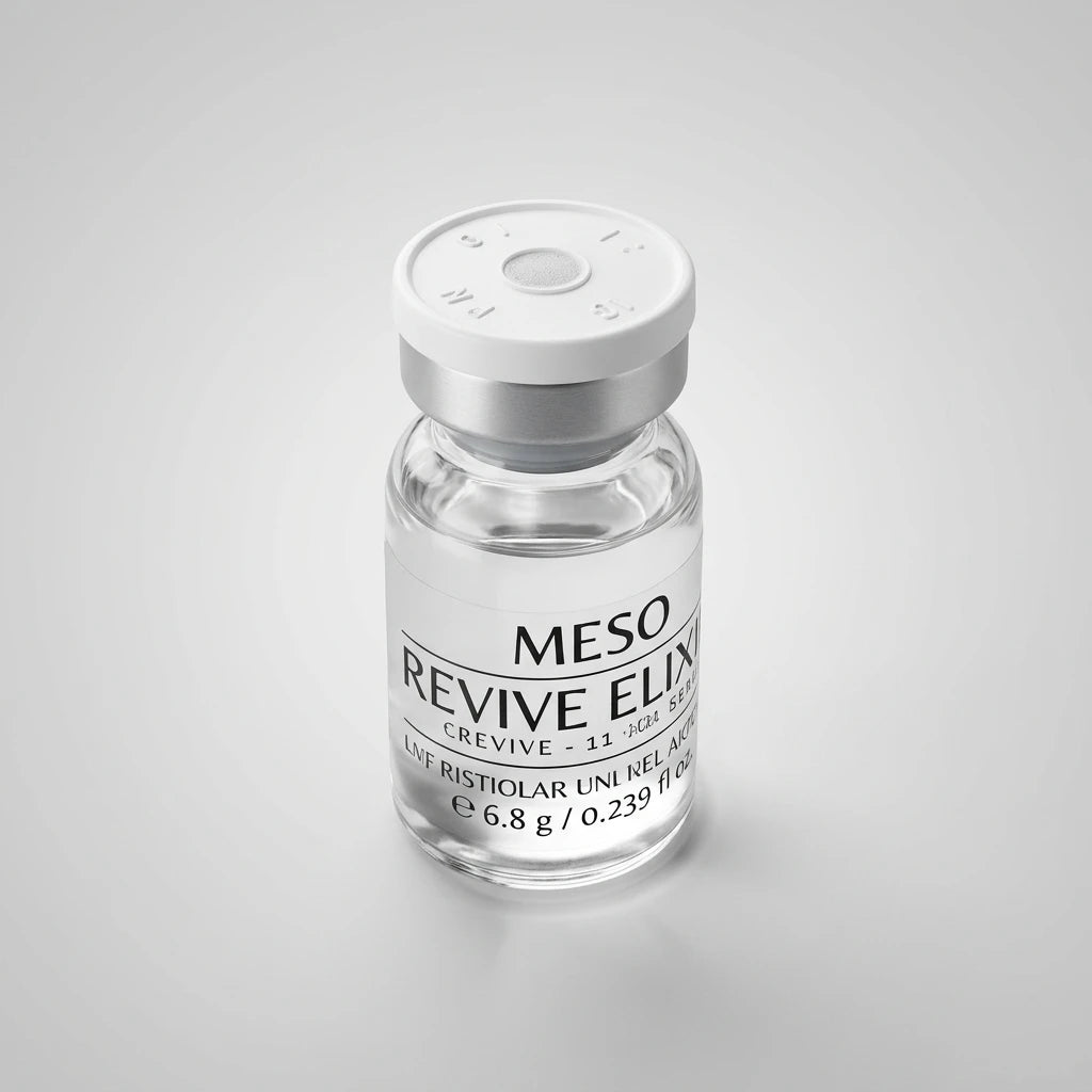 Physiolab MESO Revive Elixir Ampull i en transparent glasflaska med vitt och silverfärgat lock mot ljusgrå bakgrund.