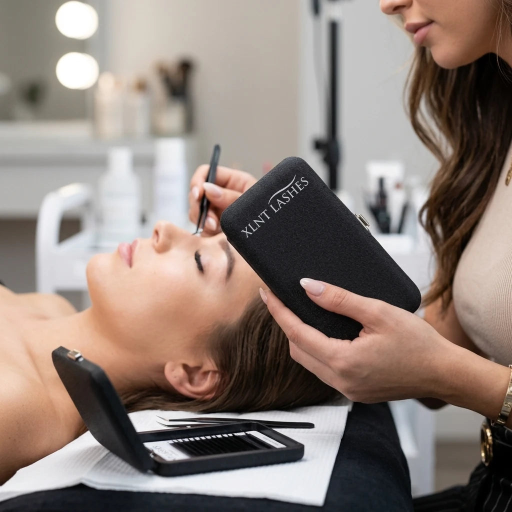 Stylist håller pincettfodral i svart glitter under fransförlängning i salong – XLNT Lashes.
