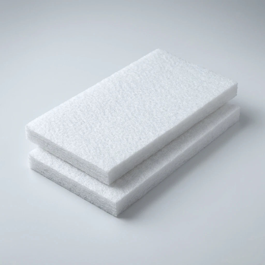 Vita rektangulära förfilter av fibermaterial från Pre-Filter 5 pack staplade på en ljusgrå bakgrund.