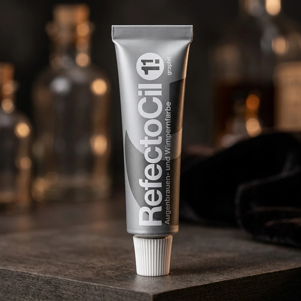 RefectoCil Graphite No 1.1 fransfärg i silvrig tub stående på sin vita kork mot mörk, oskarp studiobakgrund.
