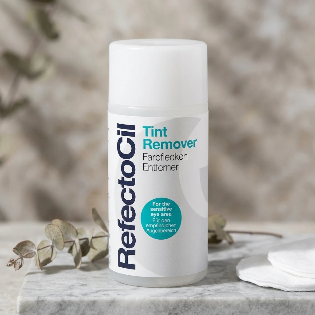RefectoCil Tint Remover 150 ml på marmorskiva bredvid bomullsrondeller och eukalyptus, beige studiomiljö.