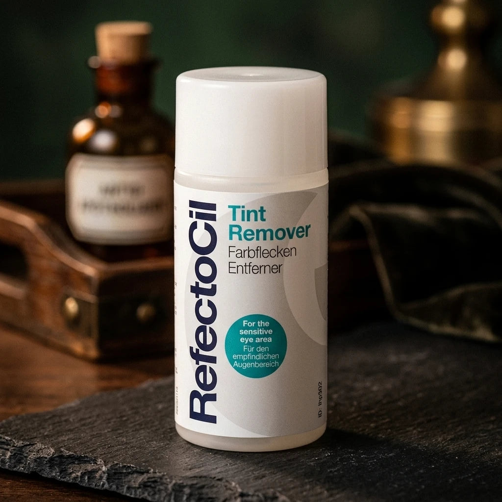 RefectoCil Tint Remover 150 ml vit plastflaska på mörk stenhäll med apotek­flaska i suddig bakgrund.
