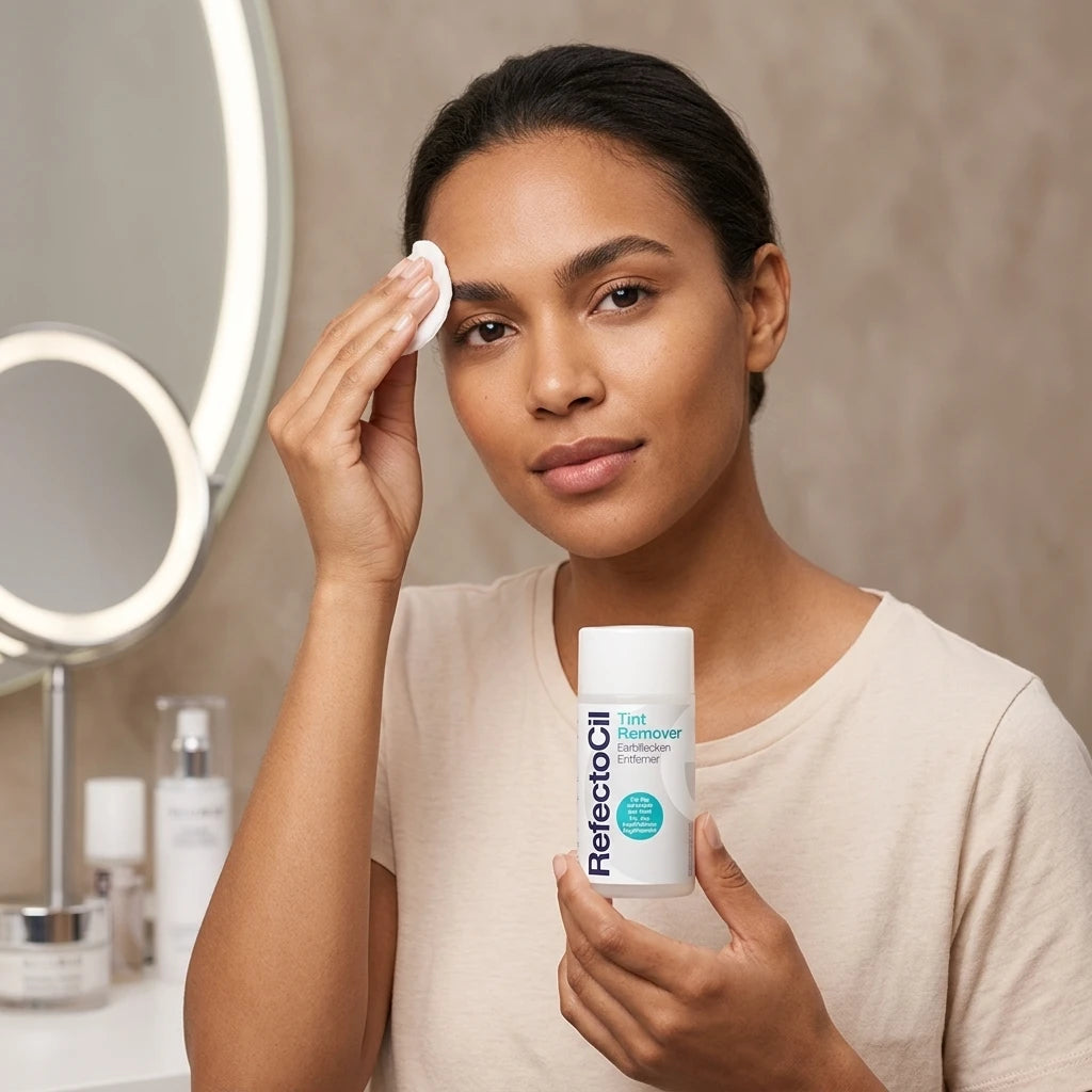 Lashstylist applicerar RefectoCil Tint Remover på ögonbryn med bomullsrondell i salong.