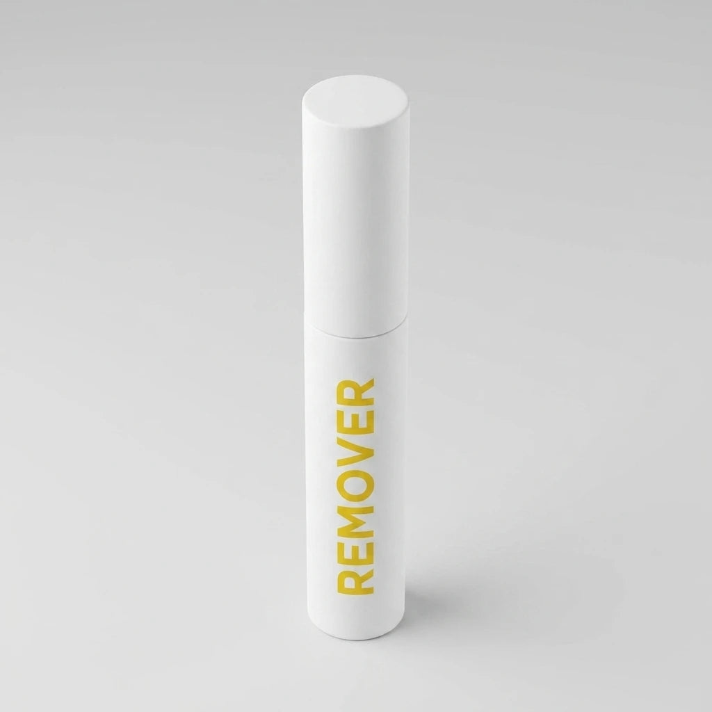 Vit, cylinderformad hylsa med gul text för Remover för Easy Lashes mot en ljusgrå bakgrund.