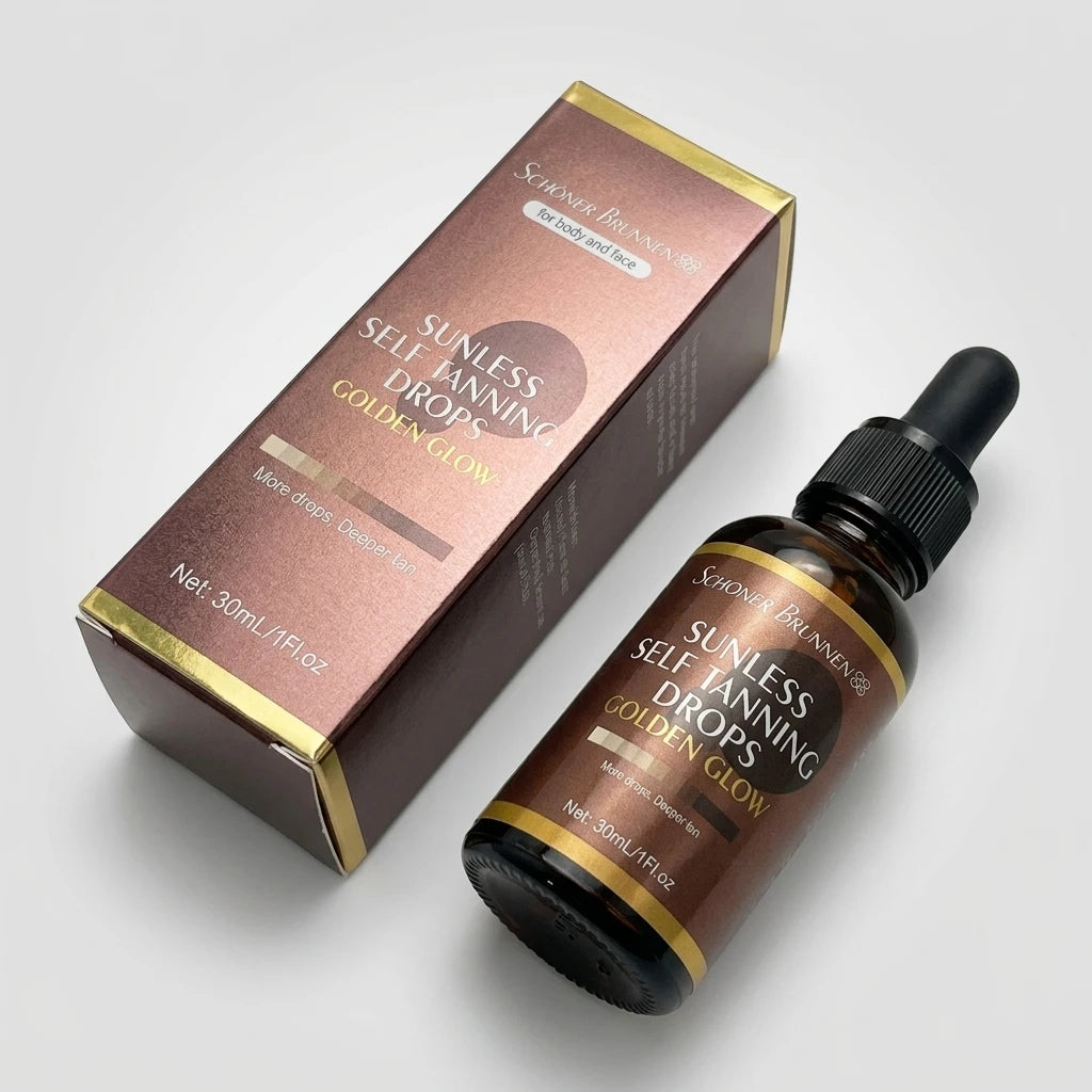 Närbild uppifrån på bärnstensfärgad glasflaska och kartong för Schöner Brunnen Self Tanning Drops 30ml.