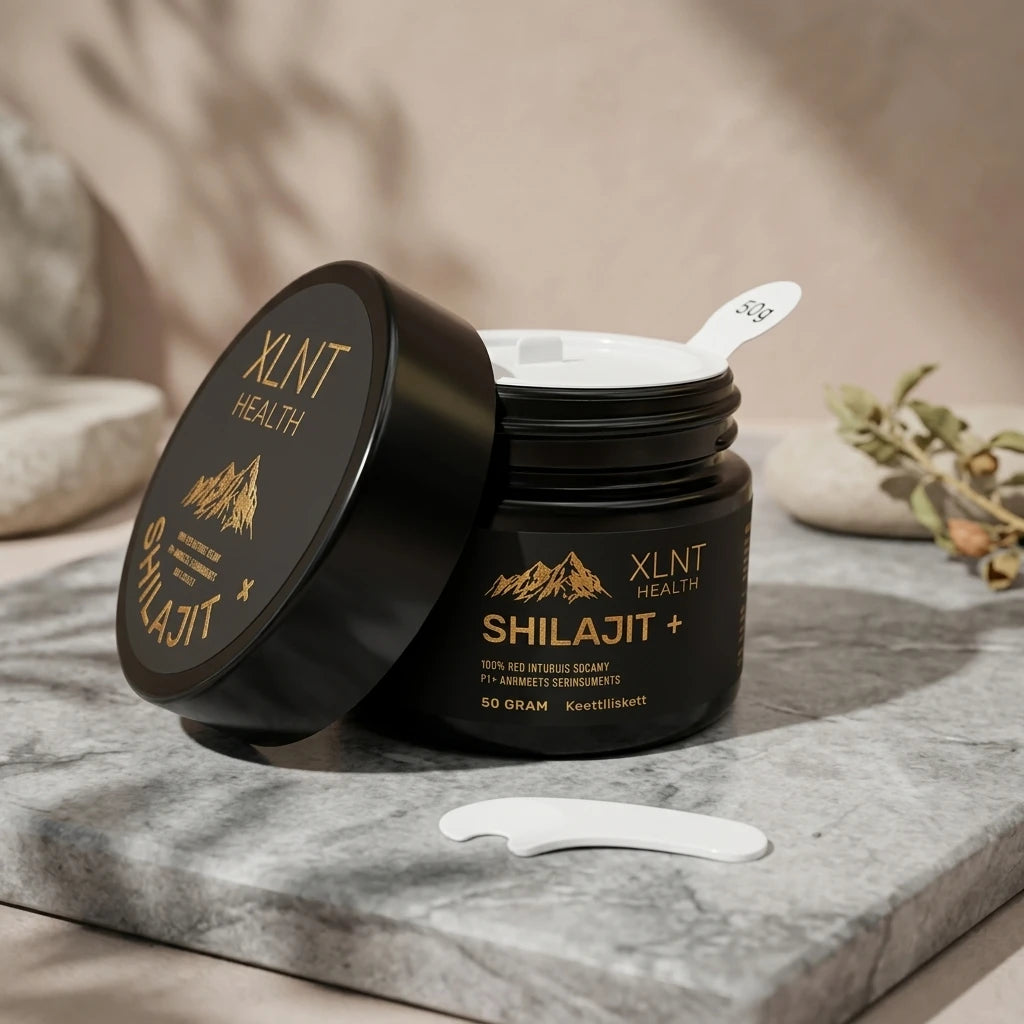 Shilajit+ Resin 50g i svart burk med gulddetaljer och vit doseringssked på grå marmorskiva