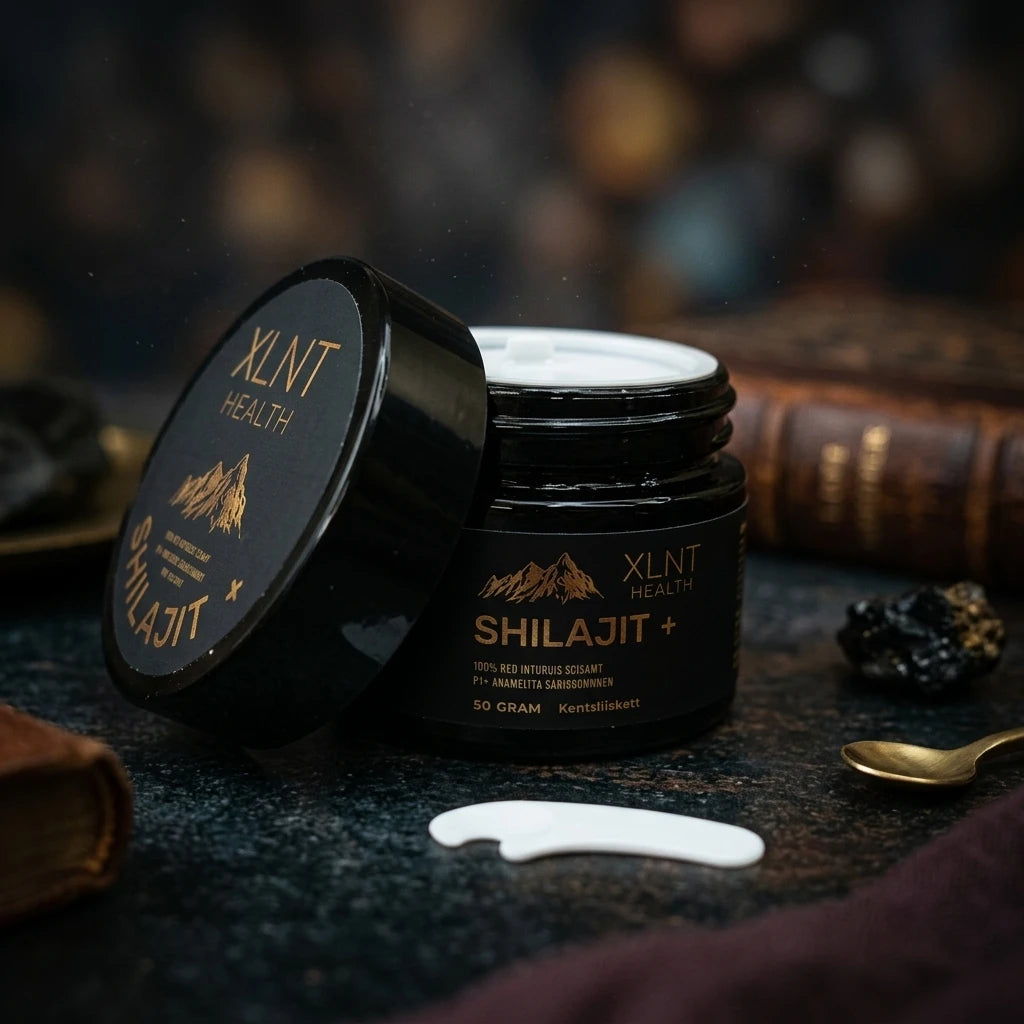 Öppnad burk Shilajit+ Resin 50g med guldtext, vit spatel och guldsked mot mörk rustik yta