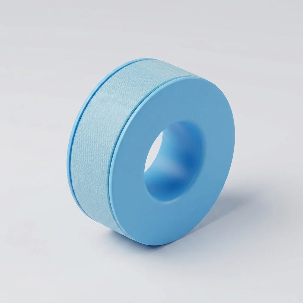 Isometrisk vy av Silikontejp Blå 1,25 cm på ljusblå plastspole, latexfri tejp för känslig hud.