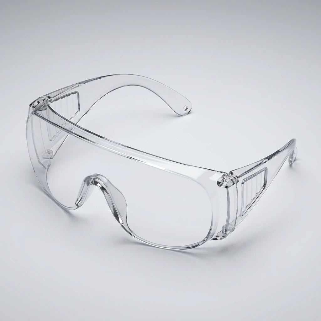 Transparenta skyddsglasögon för UV-ljus i polykarbonat med integrerade sidoskydd, isometrisk vy.