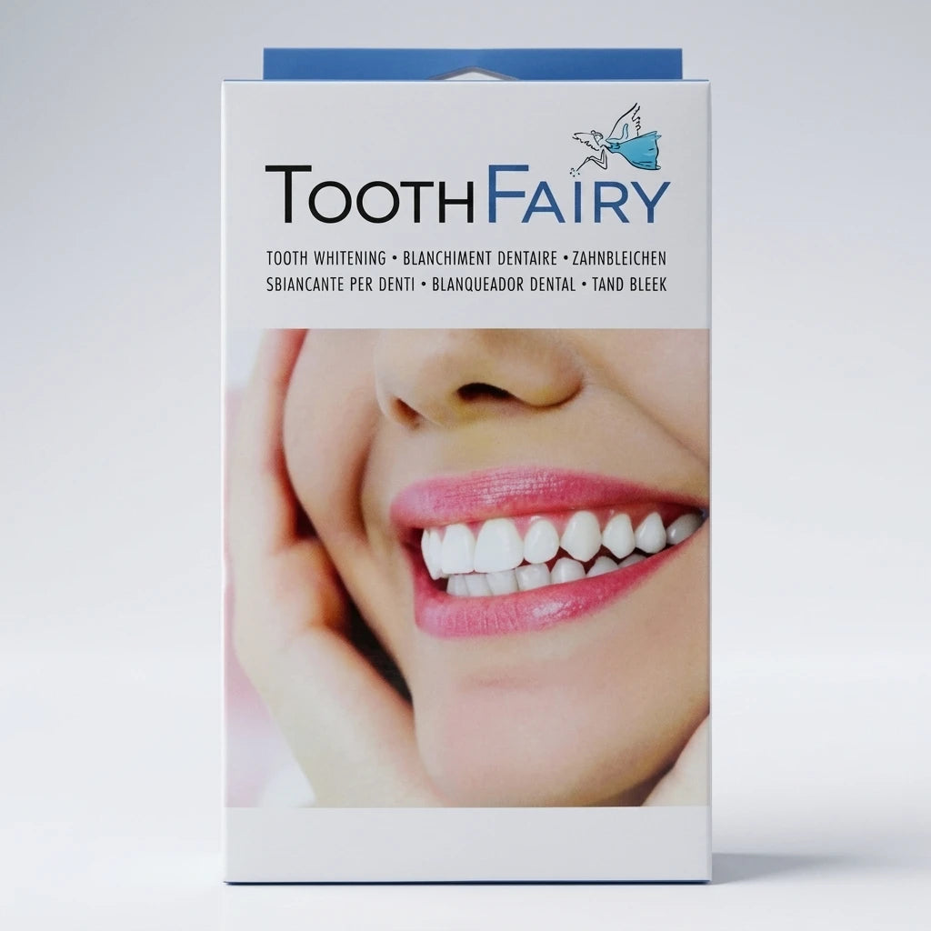 ToothFairy tandblekningskit i vit förpackning med leende och vita tänder, framifrån på ljus bakgrund.