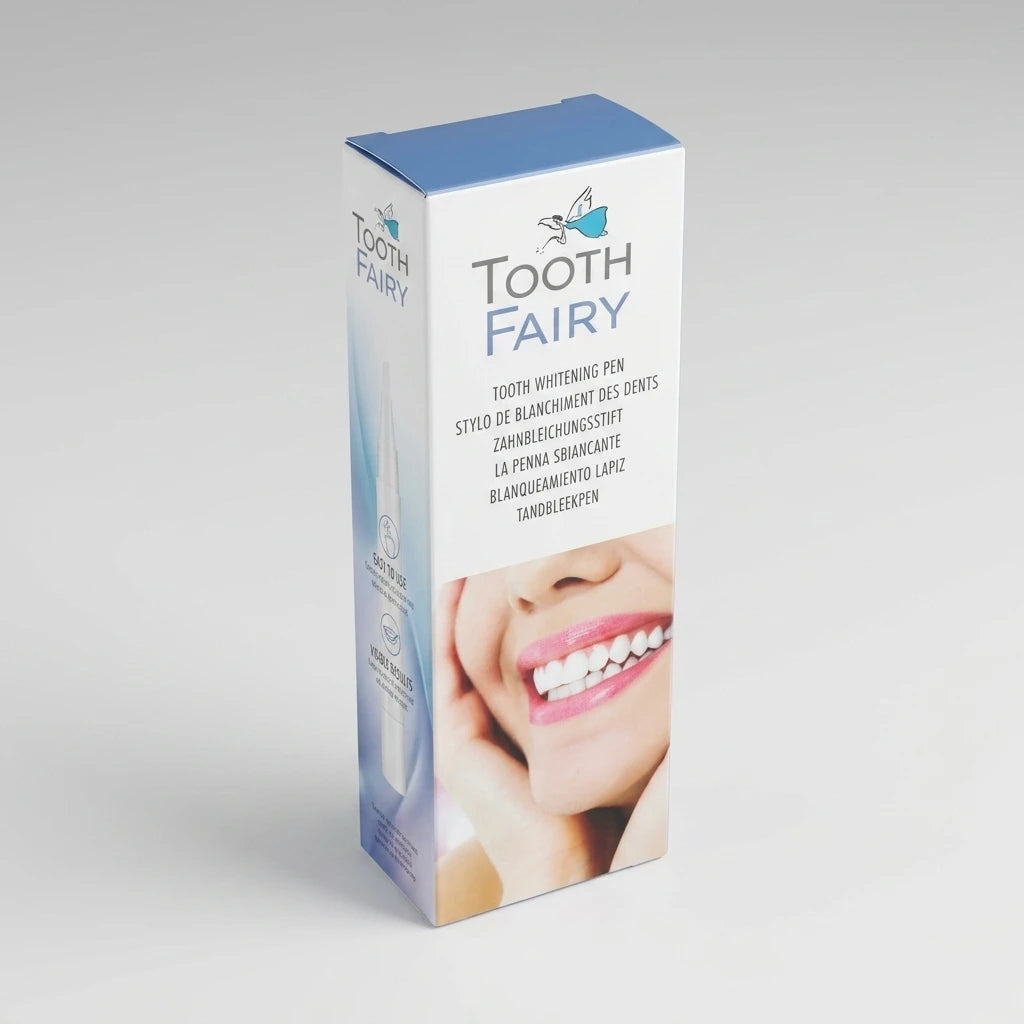 Isometrisk vy av vit och blå ToothFairy förpackning med tandblekningspenna och tandskala.