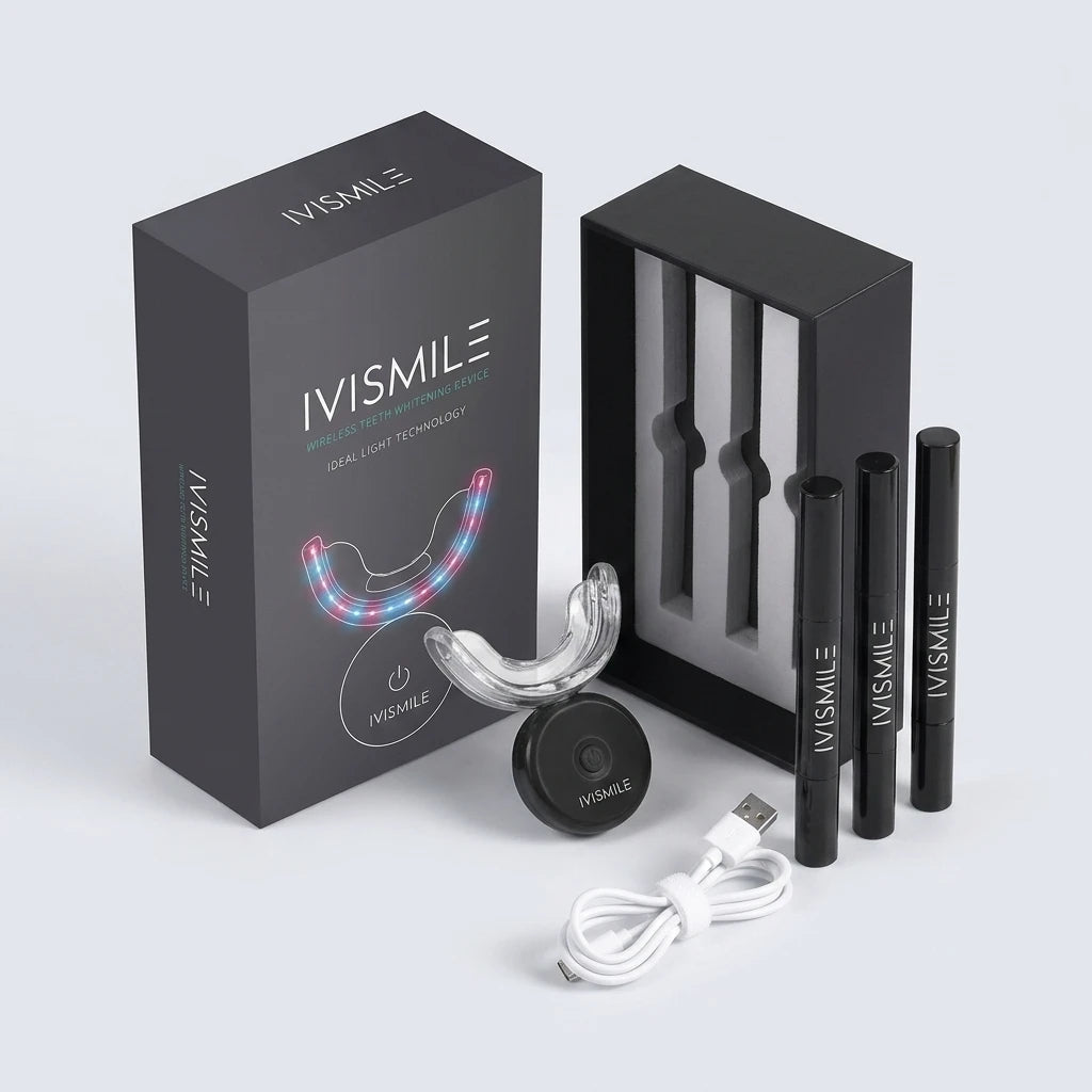 Isometrisk vy av Ivismile Diamond Kit med svart förpackning, trådlös LED-skena, tre gelpennor och USB-kabel.