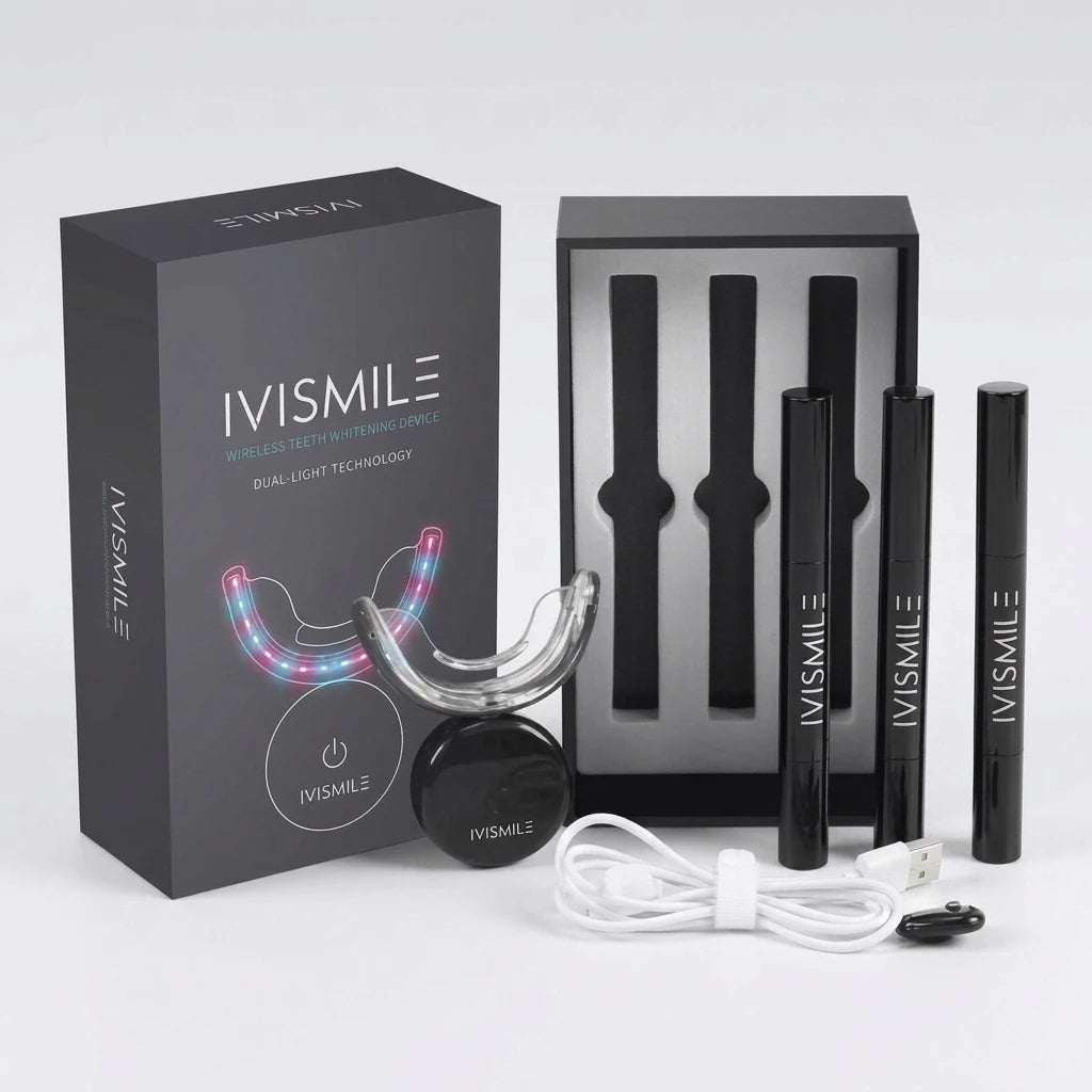 Ivismile Diamond Kit med trådlös svart LED-bettskena, tre blekpennor och USB-kabel på vit bakgrund.