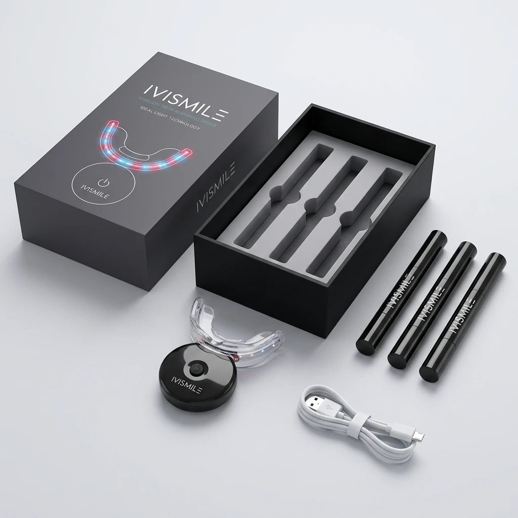 Ovanifrån-vy av Ivismile Diamond Kit med svart LED-bettskena, tre blekpennor och USB-laddningskabel.