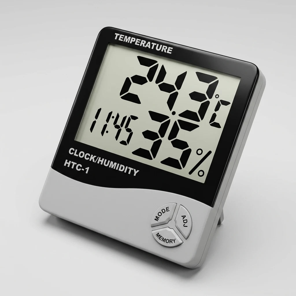 Digital termo- och hygrometer med stor display som visar temperatur och luftfuktighet för fransförlängningssalong.