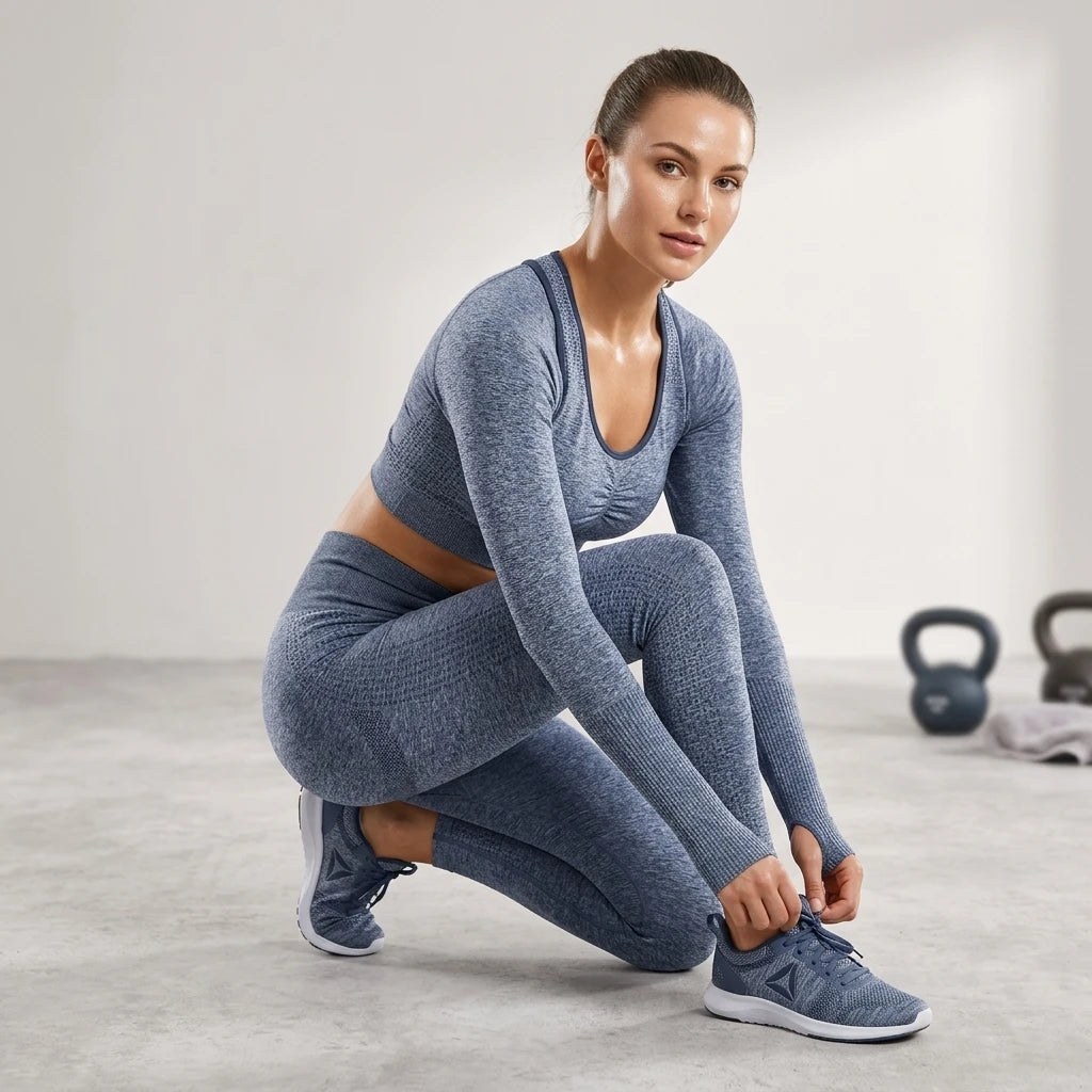 Kvinna knyter skorna på gym, klädd i Classic Crop Top Grå med lång ärm och matchande leggings i ljus miljö.