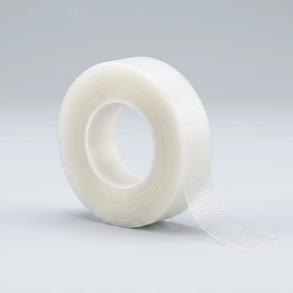 Rulle halvtransparent tejp med perforerad plastyta 1,2 cm för fransförlängning, mot ljusgrå bakgrund.