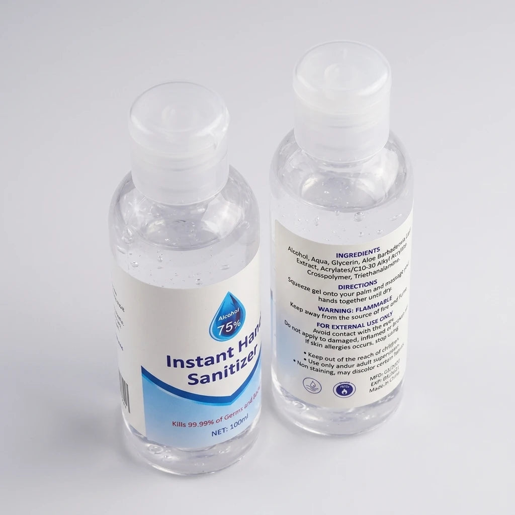 Två genomskinliga plastflaskor Handsprit Gel 100ml med vita snäpplock och blåvita etiketter mot vit bakgrund.
