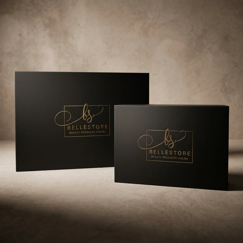 Svart, rektangulär förvaringslåda i matt design med guldlogotyp på en beige, strukturerad bakgrund.