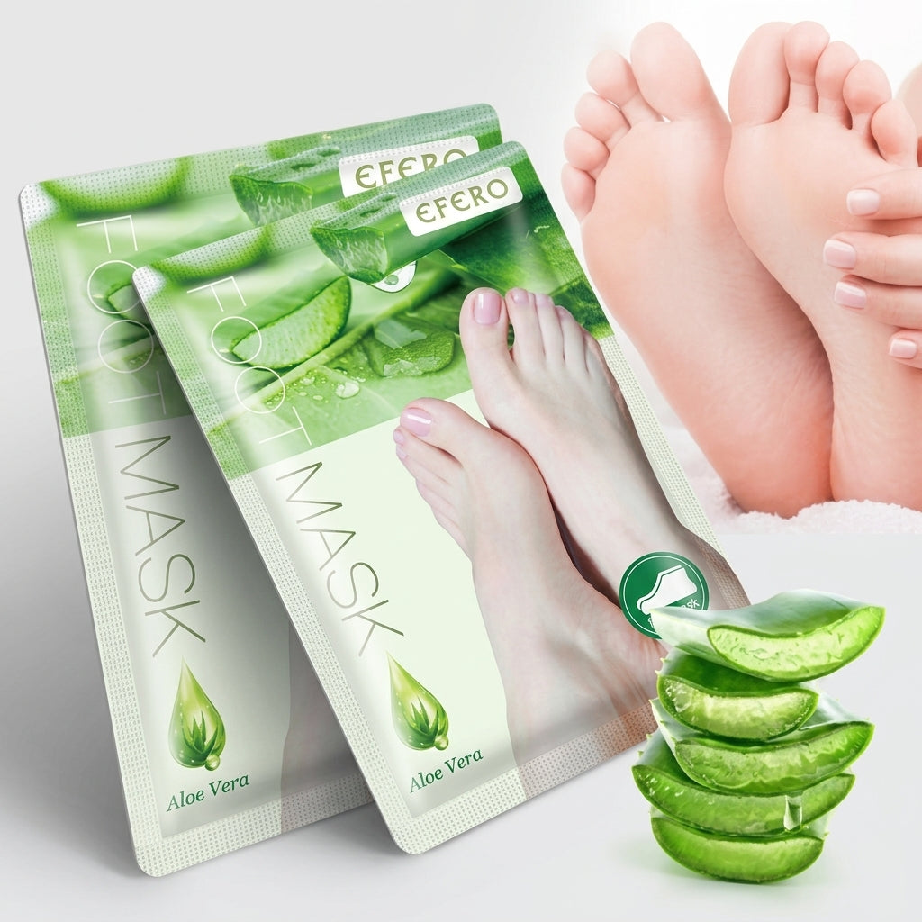 Två förseglade förpackningar av exfolierande fotmask med aloe vera mot ljus bakgrund.