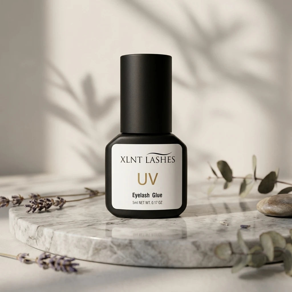 XLNT LASHES UV Glue 5ml Clear på marmorplatta omgiven av lavendel och eukalyptusgrenar.