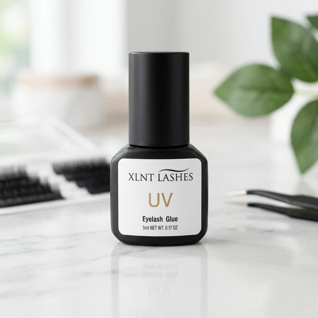 UV Glue 5ml Clear på ljus marmoryta med lösa fransar och pincett i bakgrunden.