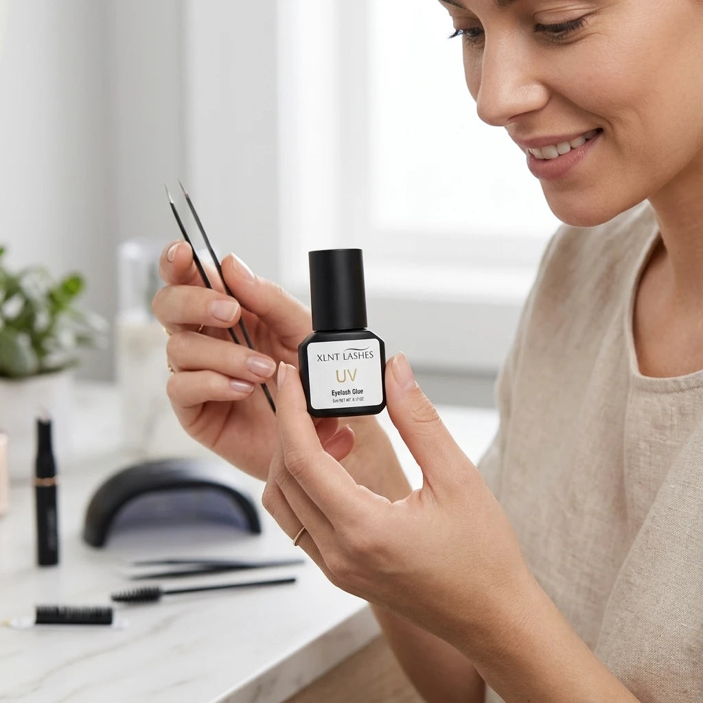 Stylist håller XLNT LASHES UV Glue 5ml Clear och pincett för professionell fransförlängning.