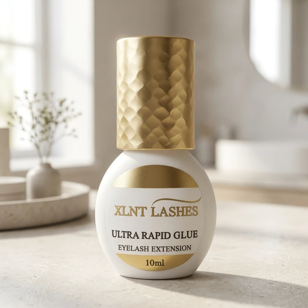 Ultra Rapid Glue 10ml snabbtorkande franslim i vit rund flaska med guldkork placerad på ljus salongsyta.