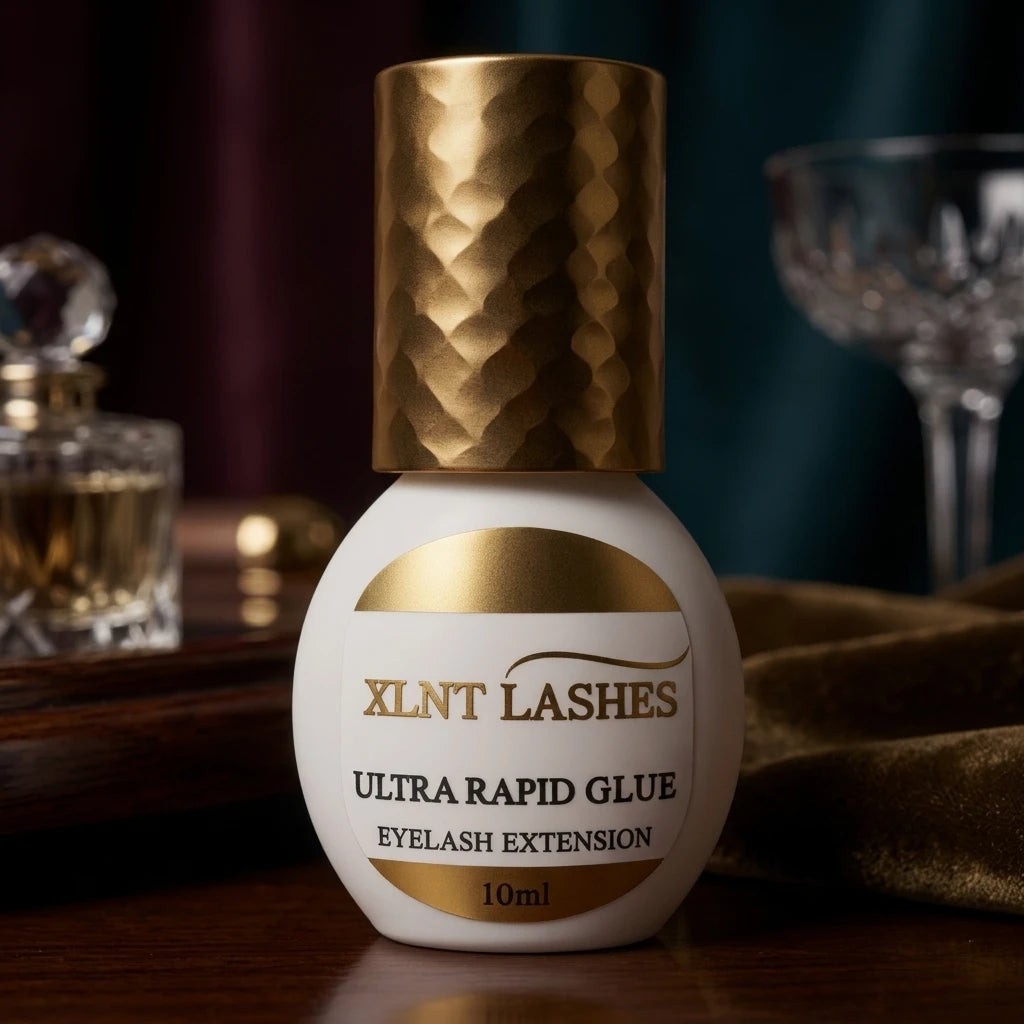 Ultra Rapid Glue 10ml vit franslimsflaska med mönstrat guldlock mot mörkt träunderlag i salongs環境.
