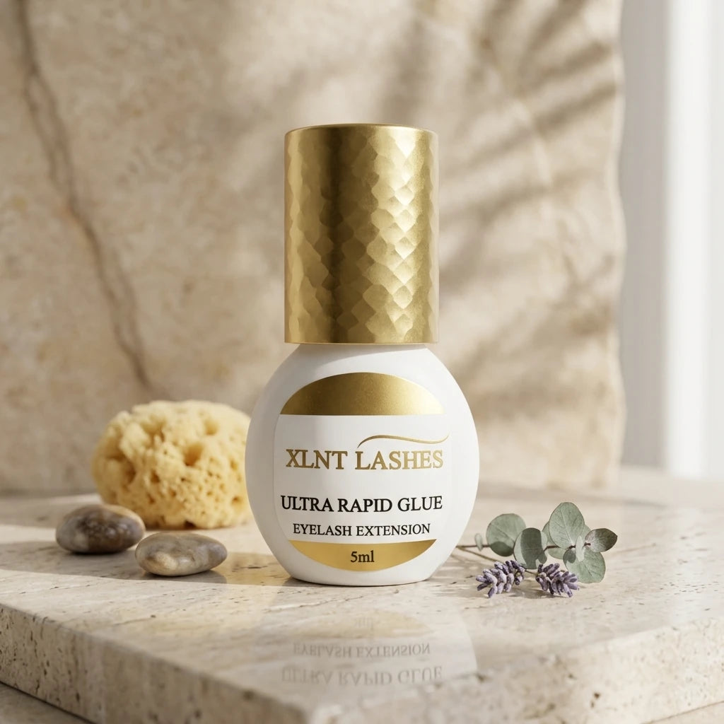 Ultra Rapid Glue 5ml 0,5-1 Sek franslim i vit flaska med guldlock på beige stenyta med natursvamp och lavendel.