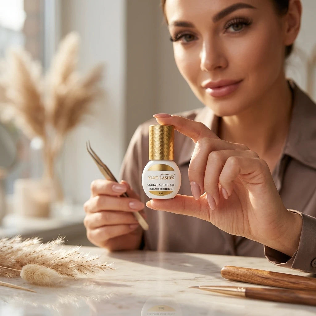 Kvinna visar franslimmet Ultra Rapid Glue 5ml 0,5-1 Sek i vit flaska med guldkork mot en ljus, mjuk bakgrund.