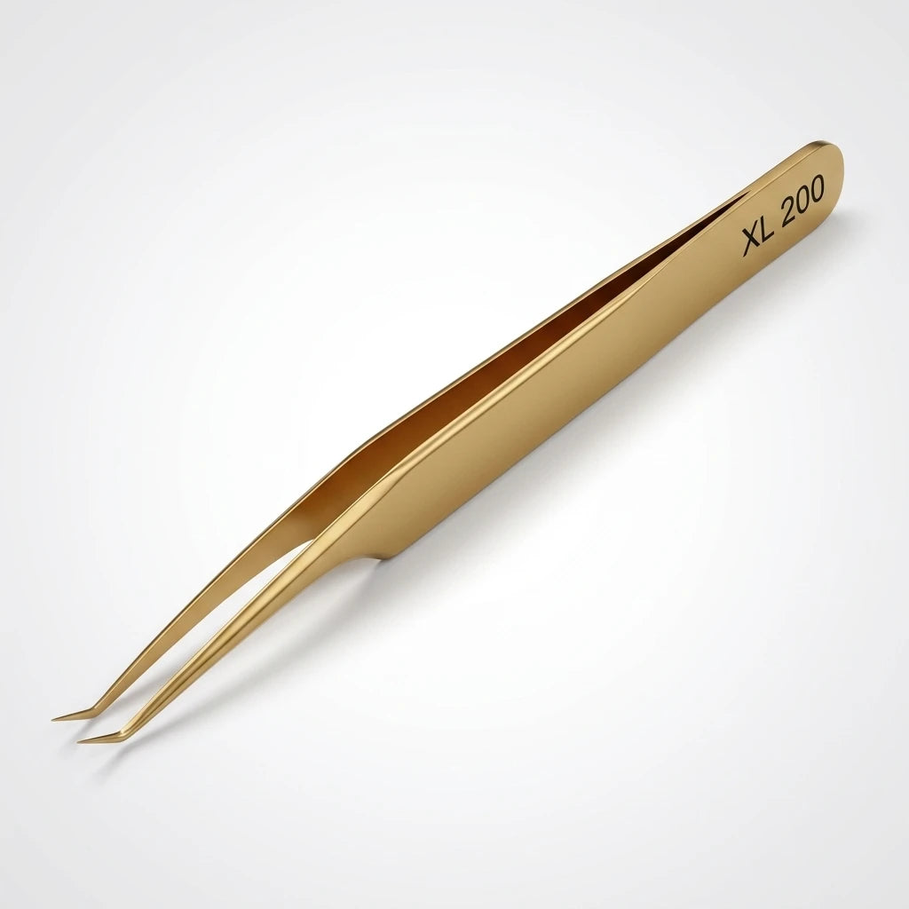 Guldfärgad XL-200 Volympincett "Guld" med böjd spets för fransförlängning mot ljus bakgrund.