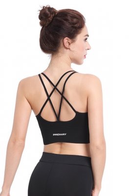 V-Back Sport BH i svart med sömlös passform och korsad rygg, tillverkad i nylon och elastan för träning.