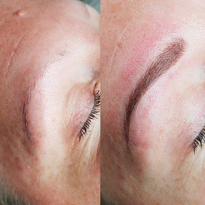 Vidareutbildning i microblading hos Bellestore – stylist arbetar med stråteknik på modell i Västerås