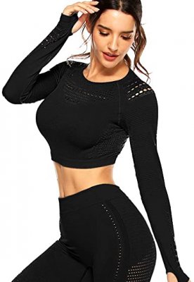 Svart mesh crop top med långa ärmar och seamless passform från Bellestore, framifrån